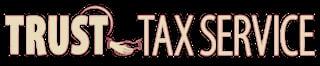 Trust Tax Service logo with beige text and handshake icon on black background